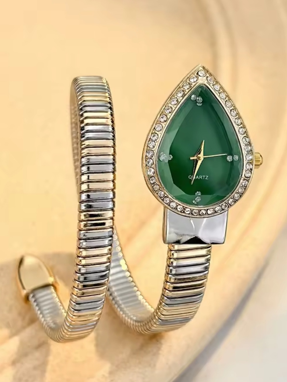 Luxury Green Crystal Snake Wrap Watch | Gold & Silver Two-Tone Bracelet Watch